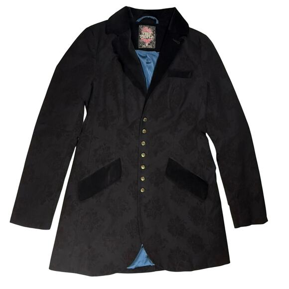 Free People Floral Flocked Dobby Coat Women's 2 Black with Blue Lining - Picture 1 of 10